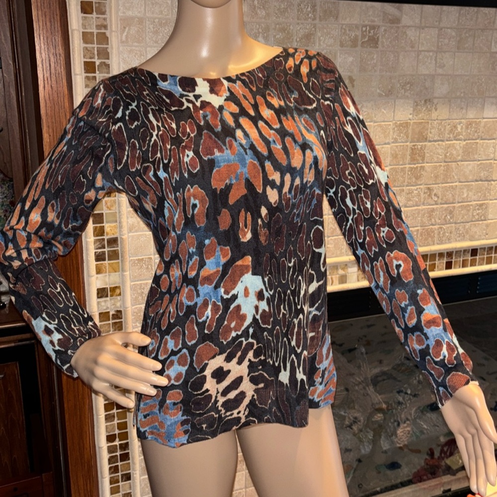 TALBOTS wool sweater brown blue leopard Small Petite SP